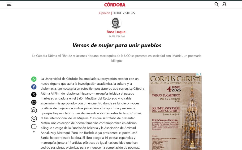 Rosa Luque, columnista de Diario de Córdoba, sobre la Cátedra Fátima Al Fihri y la antología 'Matria'